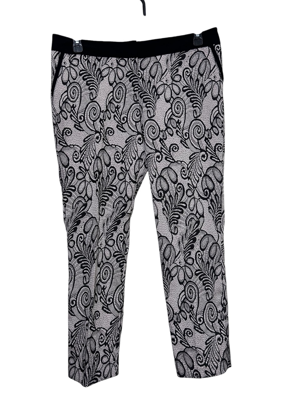 Worthington Womens Size 12 Ankle Pants Black Cream Lace Print Stretch Dress pant